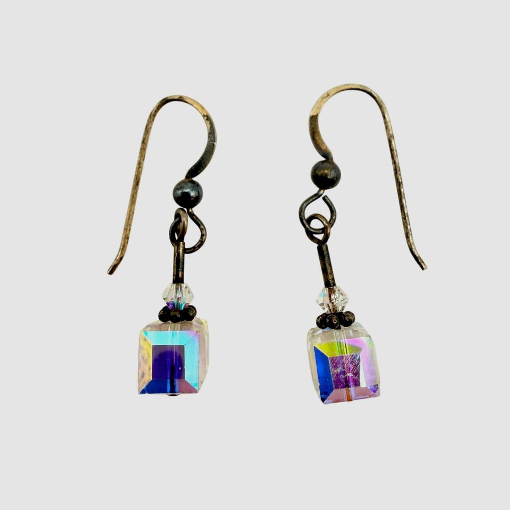 Vintage 925 Sterling Silver AB Square Cube Crystals Dangle Drop Dainty Earrings